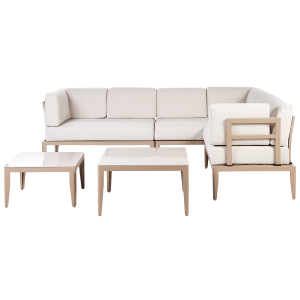 Beliani Lounge Set RIMA III, sandbeige, mit Sofa und zwei Tischen. Gartenmöbel für entspannte Stunden im Freien.