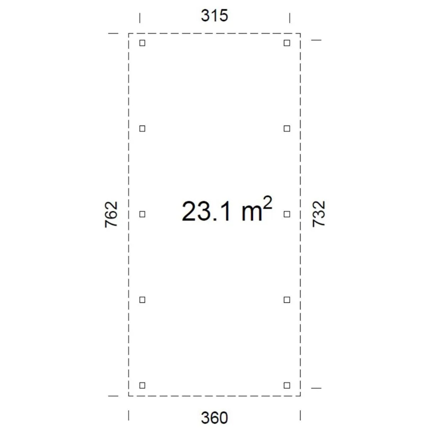 Grundriss Palmako Einzelcarport Karl, grau, 360x762 cm, 23,1 m² Fläche.