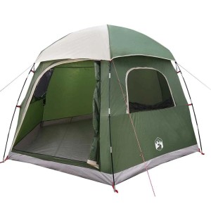 Grünes Iglu-Familienzelt für 6 Personen mit hellem Dach, offenem Eingang und Fenster. Perfekt für Camping.