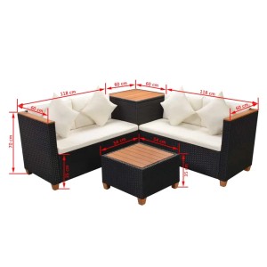 Schwarzes vidaXL Garten Lounge Set aus Rattan mit Auflagen und Tisch.