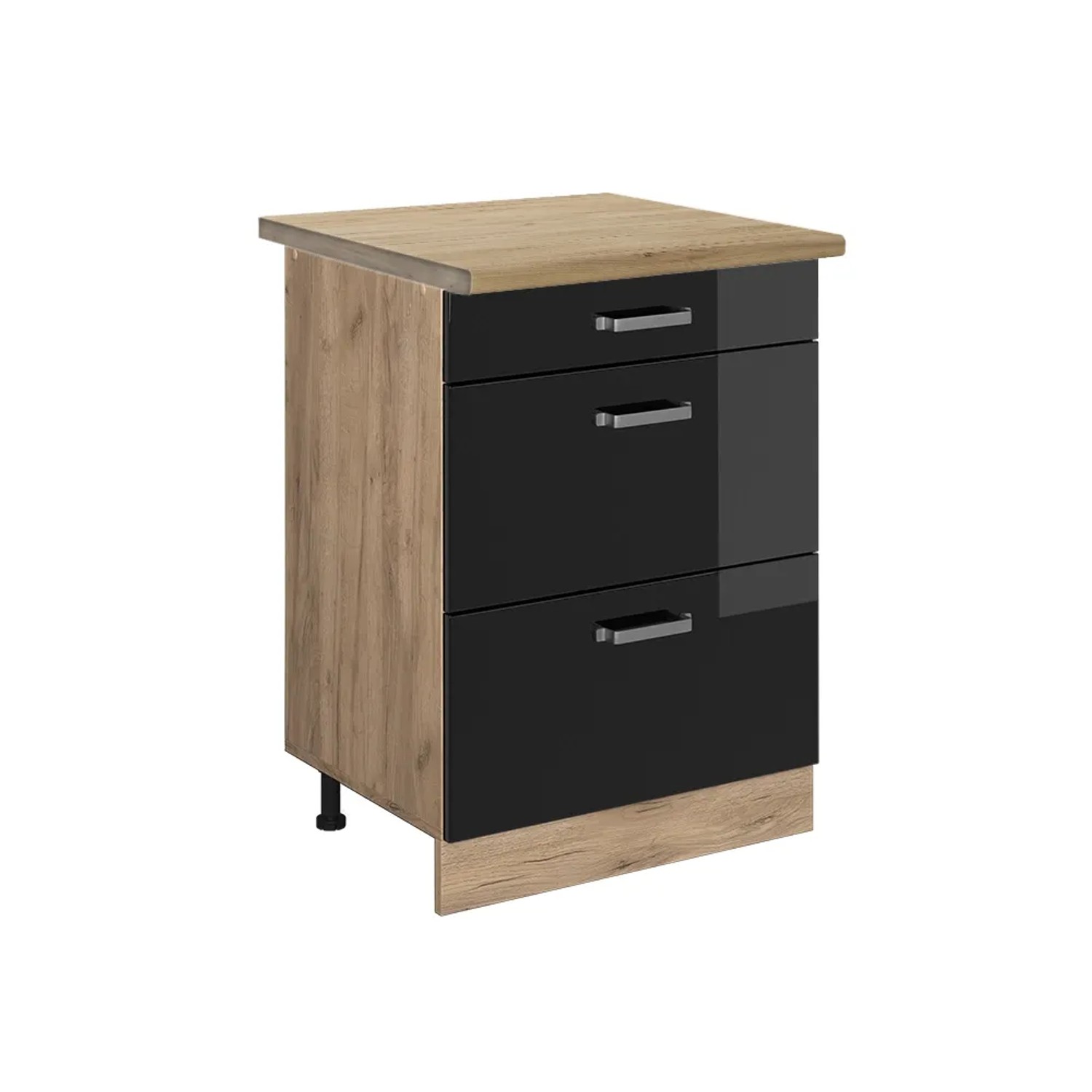 Vicco Küchenunterschrank R-Line Schwarz Hochglanz/Goldkraft Eiche 60 cm mit Schubladen AP Eiche