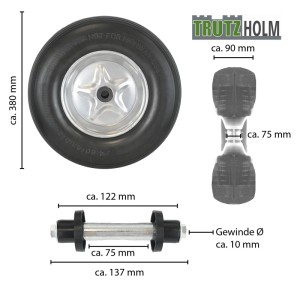 TRUTZHOLM Schubkarrenrad Vollgummi, pannensicher, mit silberner Stahlfelge und Achse. Ø 380 mm, Breite 90 mm.