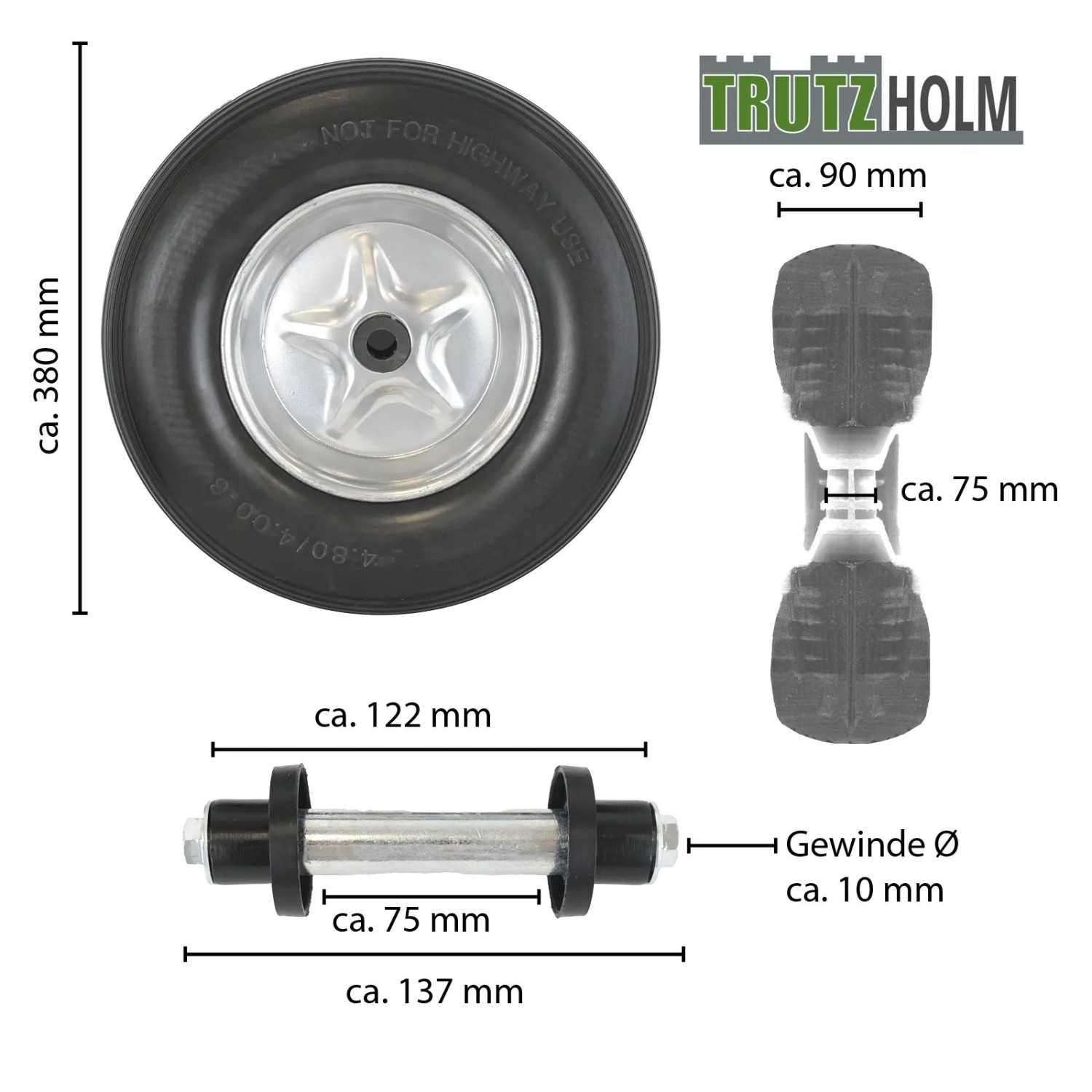 TRUTZHOLM Schubkarrenrad Vollgummi, pannensicher, mit silberner Stahlfelge und Achse. Ø 380 mm, Breite 90 mm.