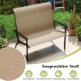 Wetterfeste 2-Sitzer Gartenbank in Beige mit schwarzem Metallgestell auf Terrasse. Hohe Rückenlehne & Armlehnen.