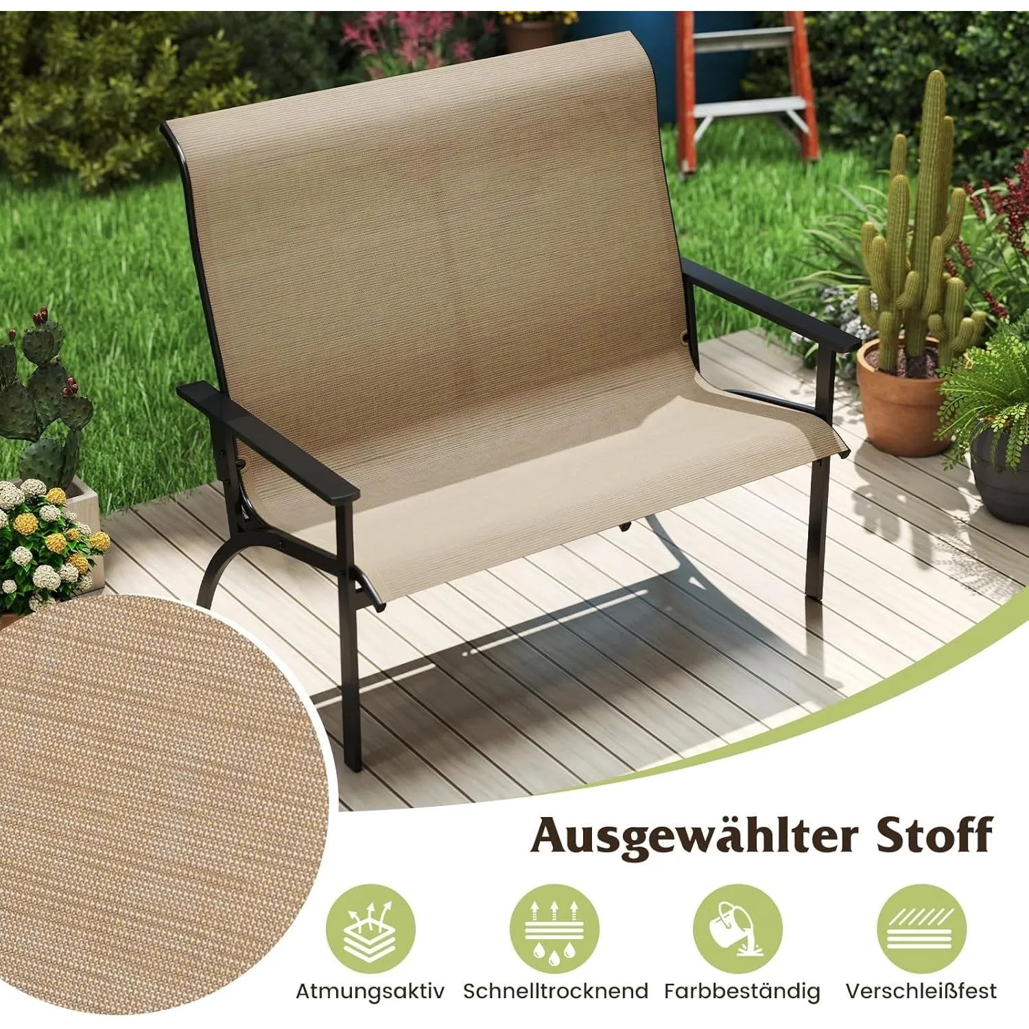 Wetterfeste 2-Sitzer Gartenbank in Beige mit schwarzem Metallgestell auf Terrasse. Hohe Rückenlehne & Armlehnen.