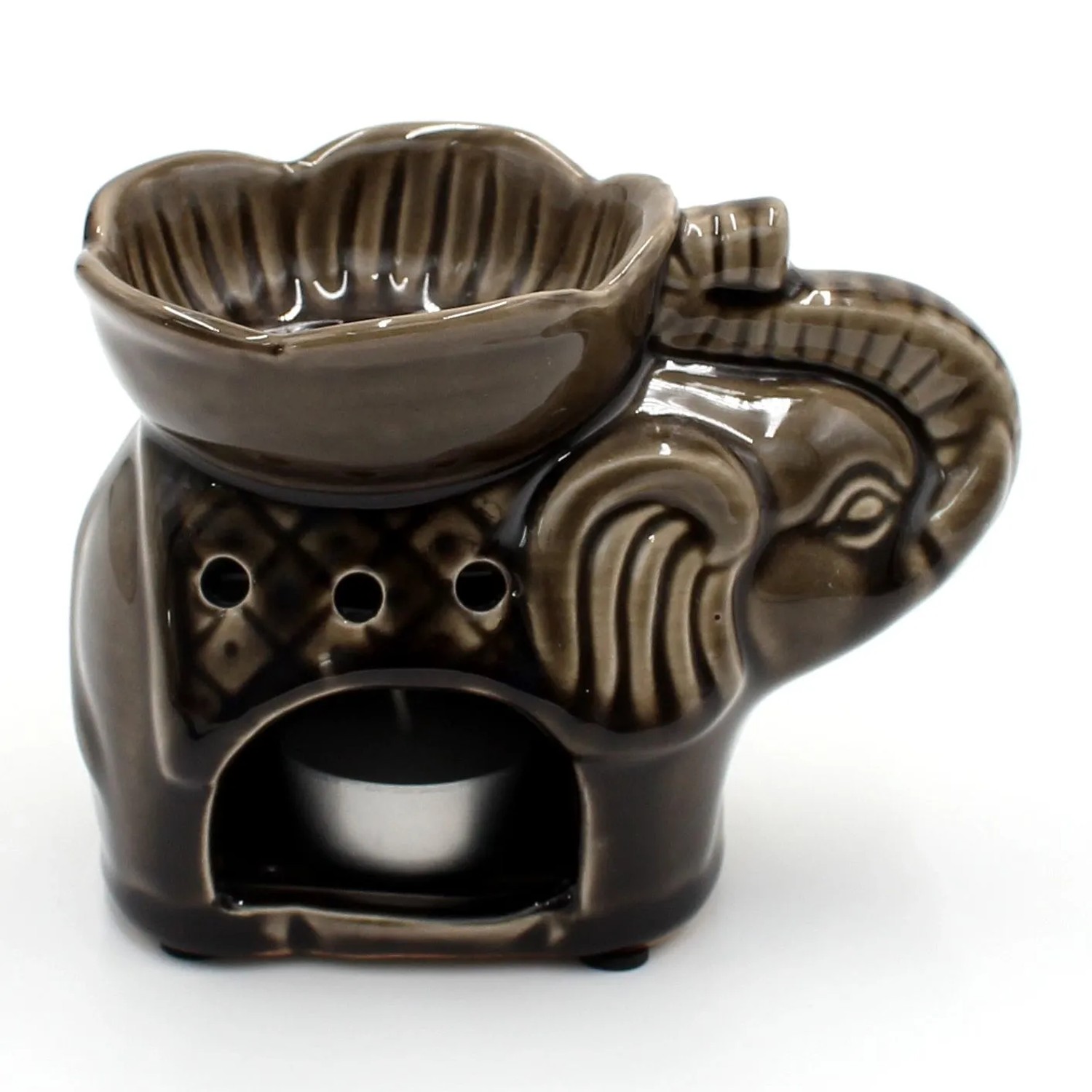 Braune Keramik Duftlampe in Elefantenform mit Schale und Teelichthalter. Dekorative Aromalampe und Kerzenhalter.