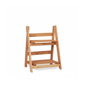 Klappbare Blumentreppe aus hellem Tannenholz mit zwei Ablagen für Pflanzen und Deko. Praktisches Regal.