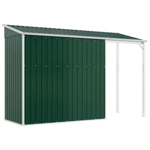Grünes vidaXL Gartenhaus mit Schleppdach aus Stahl, ideal zur Aufbewahrung von Gartengeräten.