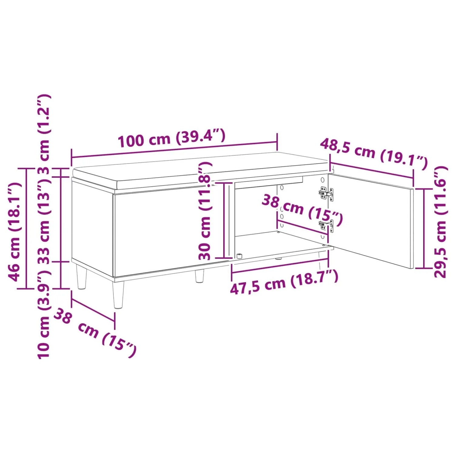 vidaXL Flurbank mit Kissen mit Speicher mit Tür Weiß 100 x 38 x 46 cm 891536_11