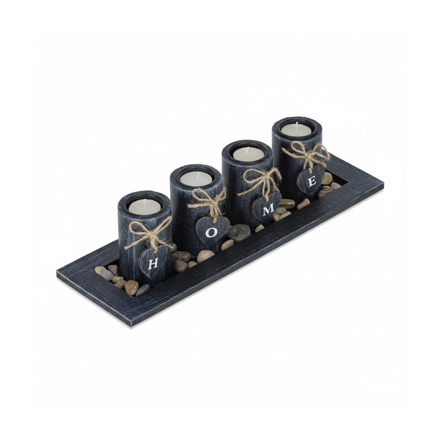 Relaxdays Teelichthalter Set MDF Stein Schwarz Natur Weiß mit Tablett 10,5 cm x 39,5 cm x 13 cm 900 g