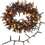 Aufgerollte OBI Außen-Lichterkette mit 400 mehrfarbigen LEDs auf grünem Kabel. Ein Teil ist abgerollt. Ideal für Garten, Terrasse.