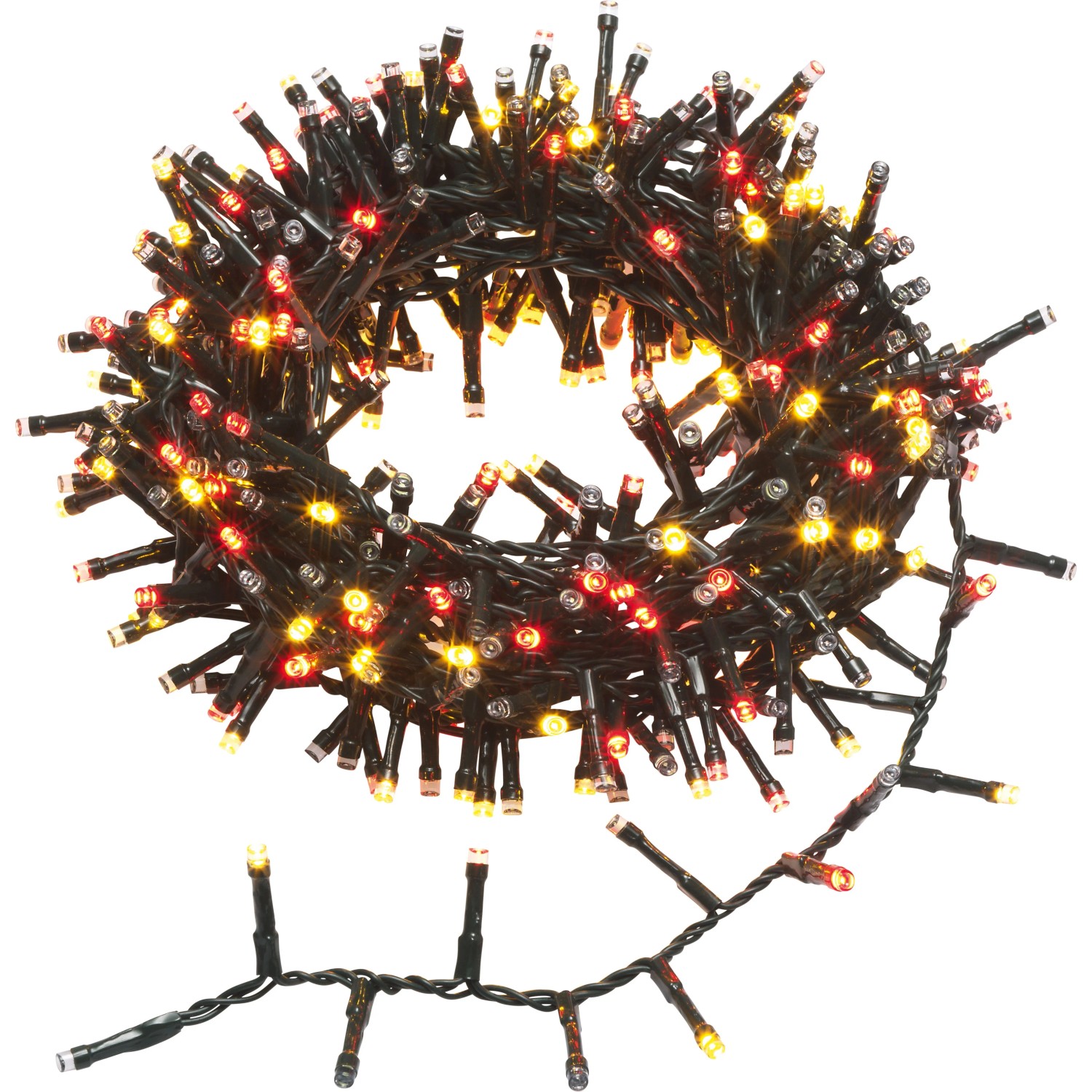 Aufgerollte OBI Außen-Lichterkette mit 400 mehrfarbigen LEDs auf grünem Kabel. Ein Teil ist abgerollt. Ideal für Garten, Terrasse.