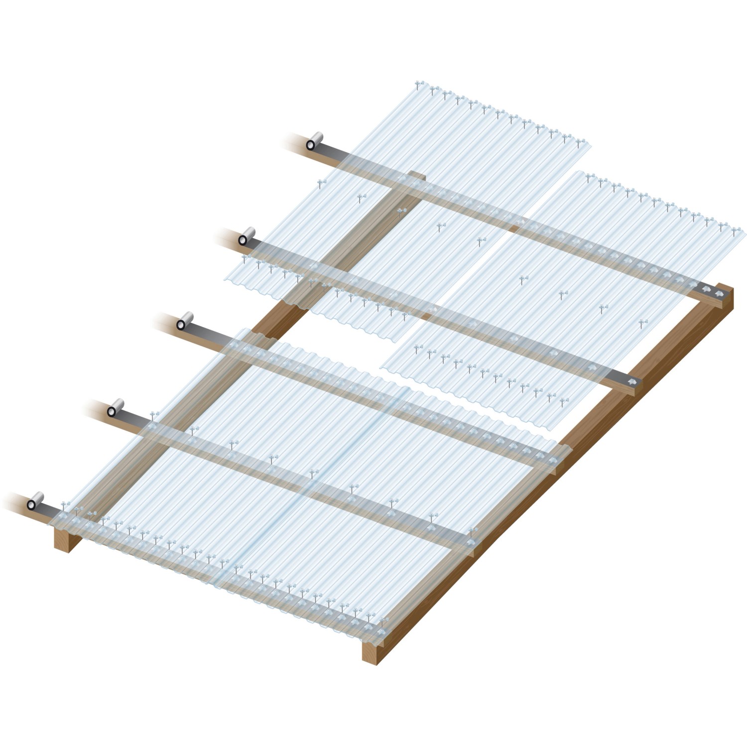 Transparente Acryl-Trapezplatte 76/18 (1,5 mm) auf Holzkonstruktion befestigt.