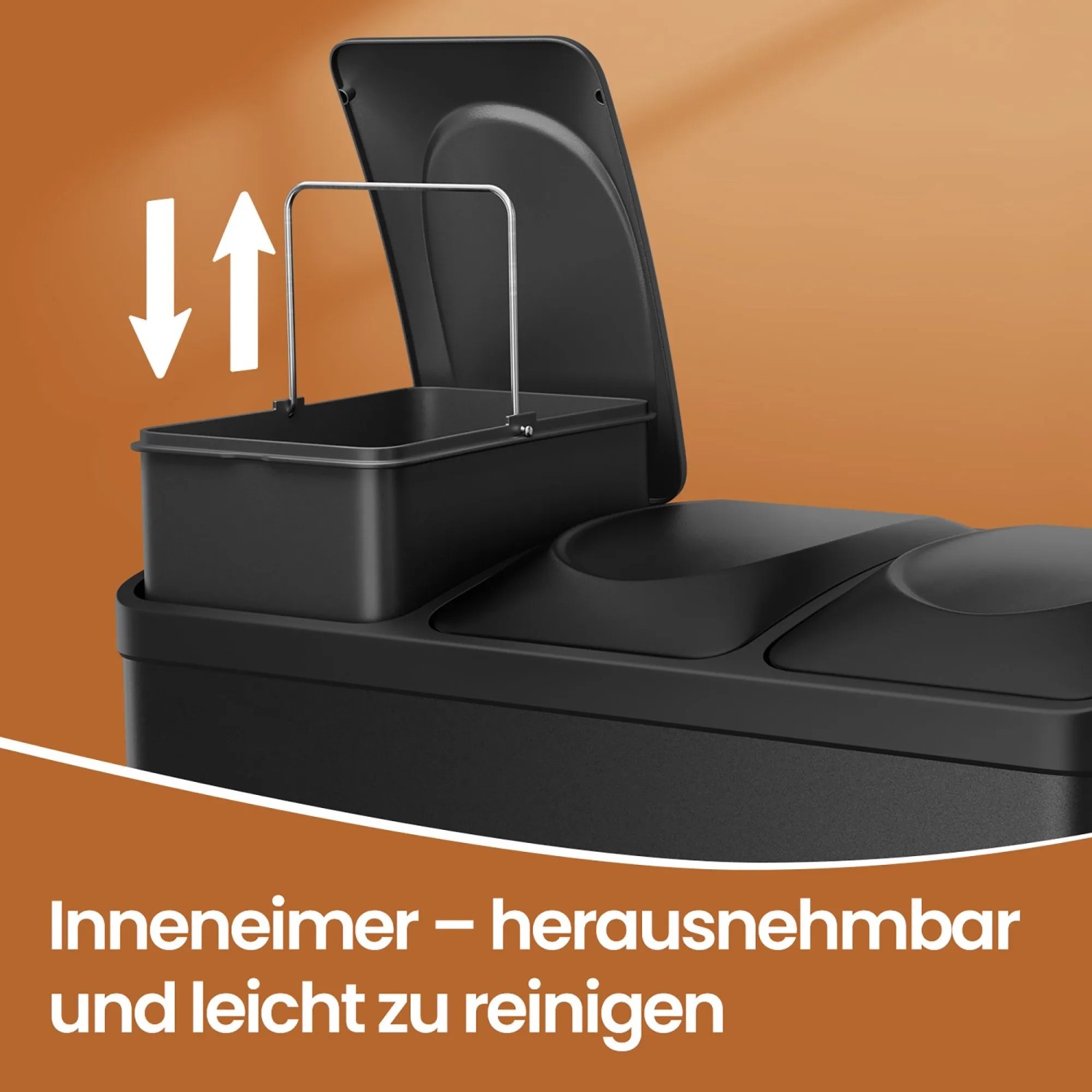 Schwarzer Songmics Mülleimer mit 3 Fächern, Inneneimer herausnehmbar.