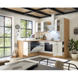 Respekta Winkelküche Marleen, 250 cm, Artisan-Eiche/Weiß Hochglanz mit E-Geräten und Geschirrspüler.