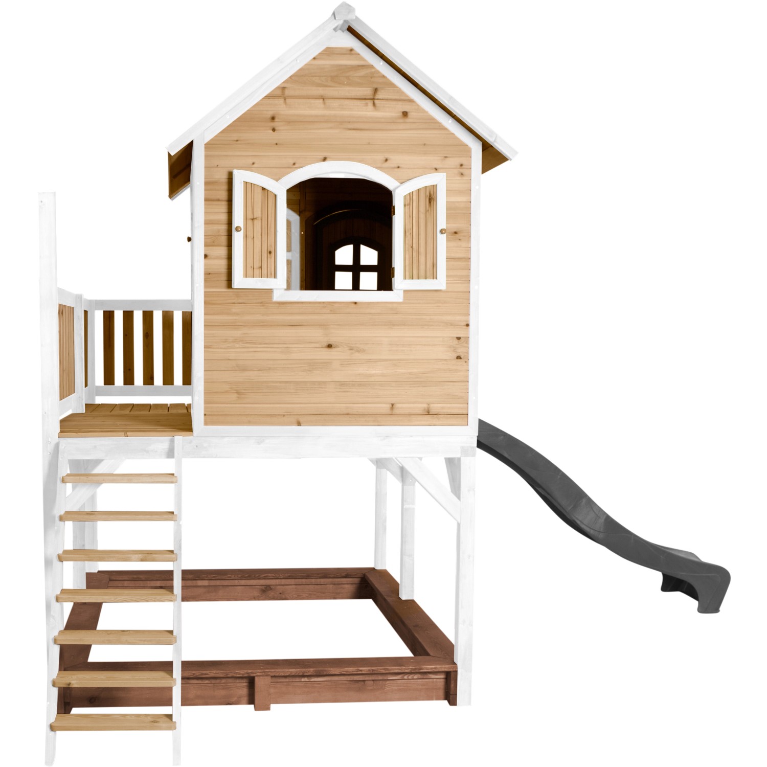 Axi Liam Spielhaus aus Holz in Braun-Weiß mit grauer Rutsche und Sandkasten.