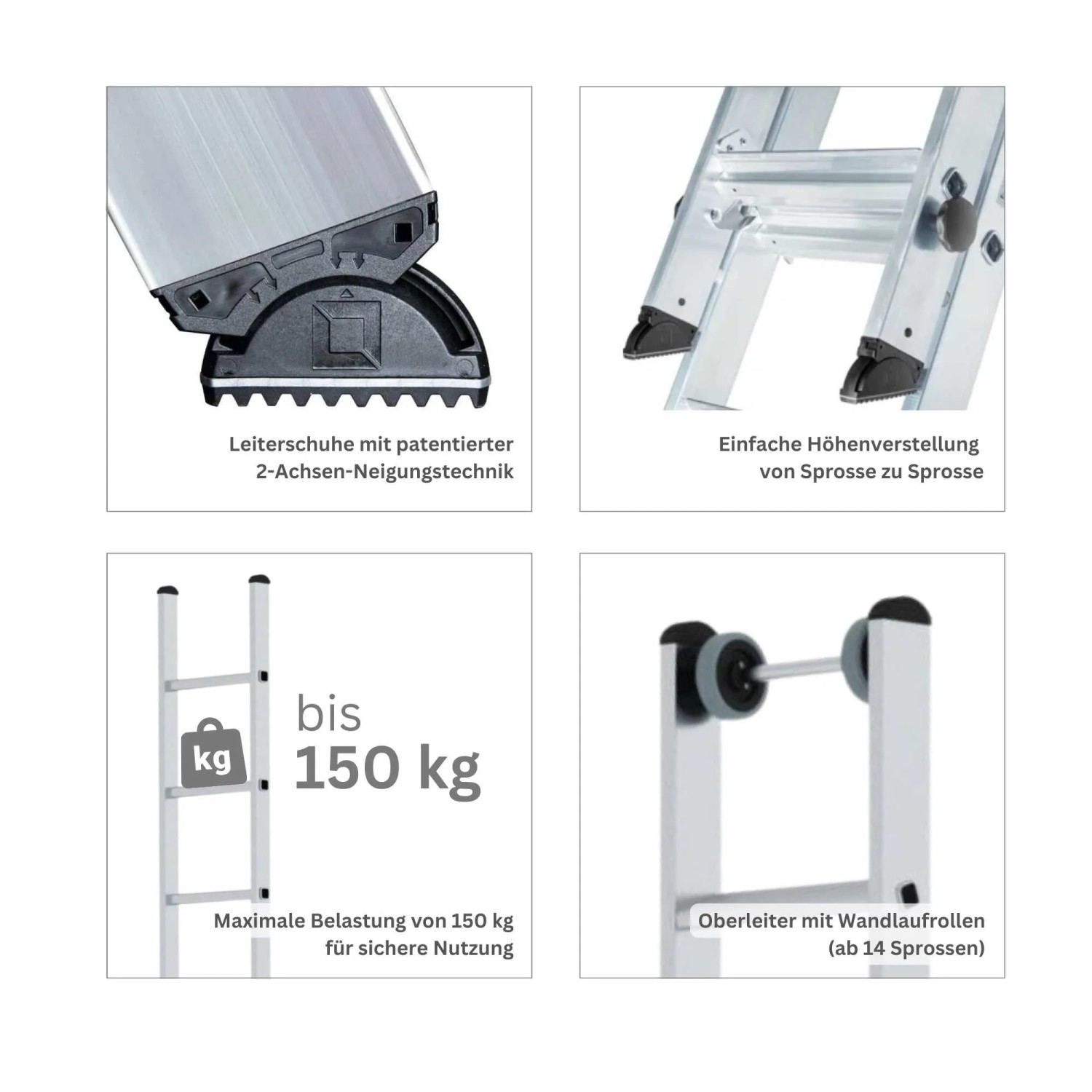 Details der PROREGAL Sprossen-Schiebeleiter: Leiterschuh, Sprossen, Belastbarkeit und Wandlaufrollen.