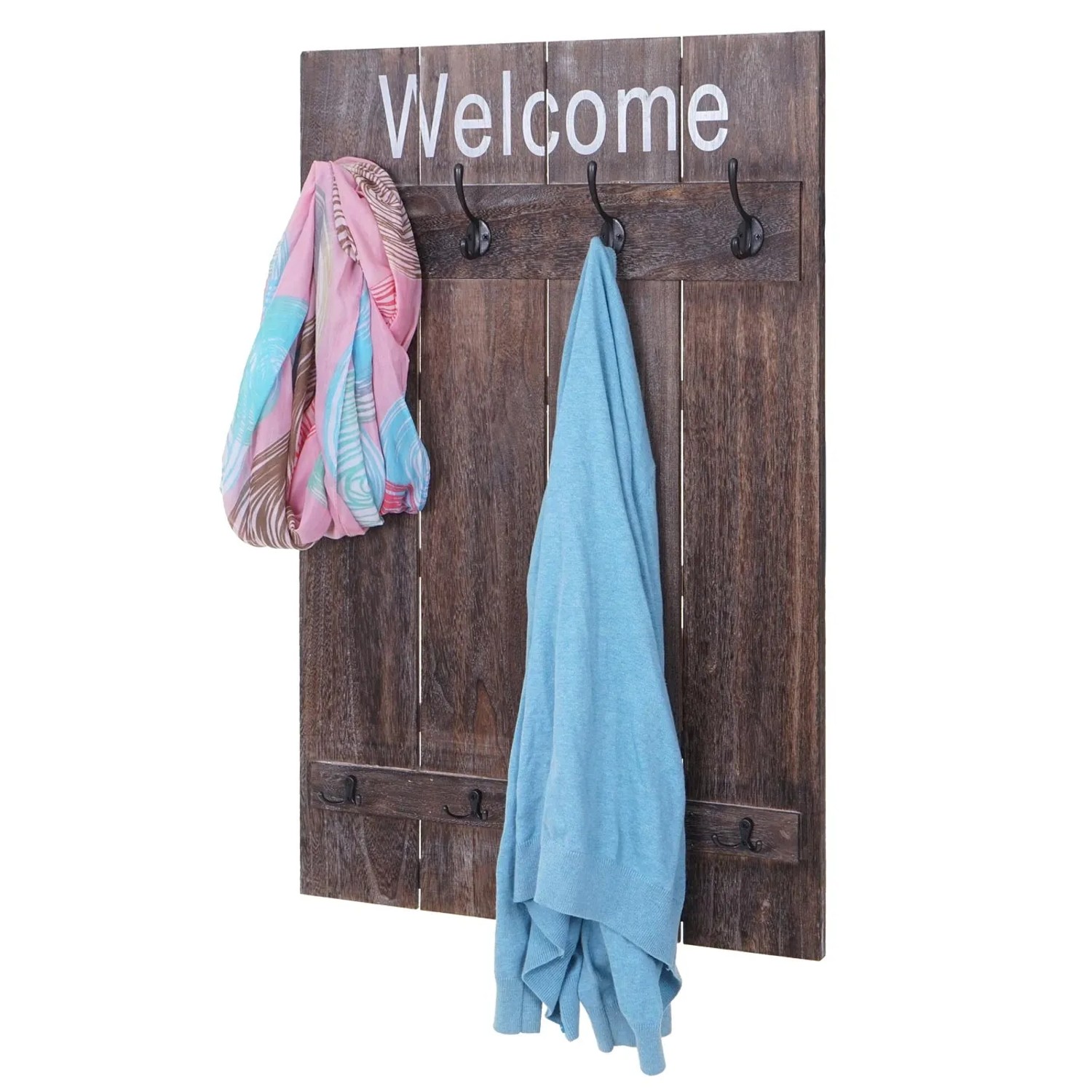 Wandgarderobe C89 Welcome Shabby Braun mit 8 Haken im Used-Look.