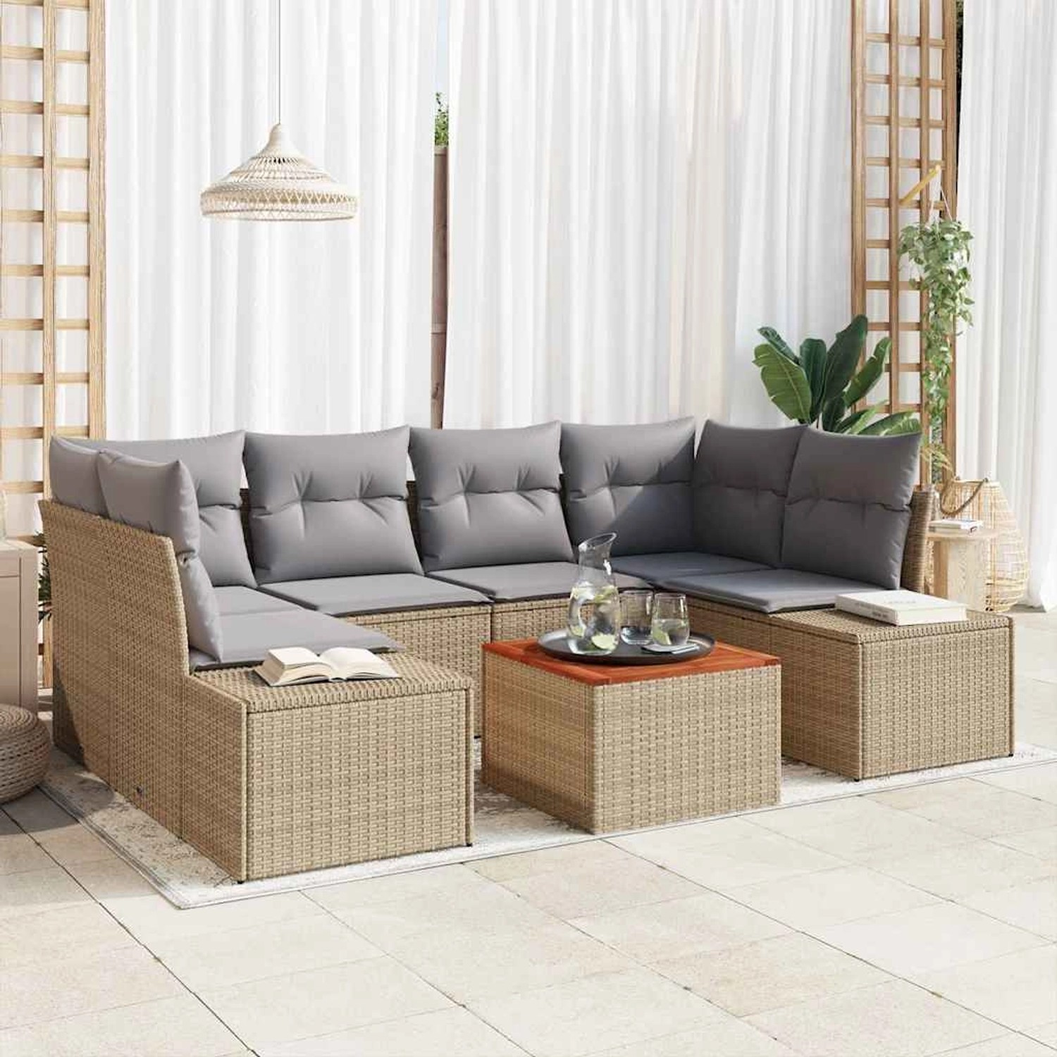 vidaXL Garten-Sofa-Set mit Kissen 7-Tlg Beige Poly Rattan 3347910 günstig online kaufen