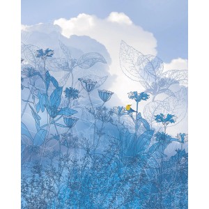 Sanders & Sanders Fototapete: Blauer Himmel mit floralem Muster und Vogel, 200x250 cm.