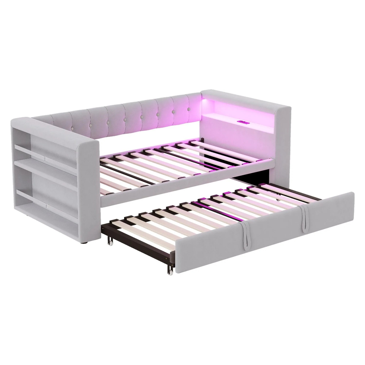 Merax Schlafsofa 90/180x190cm LED Stauraum Hellgrau