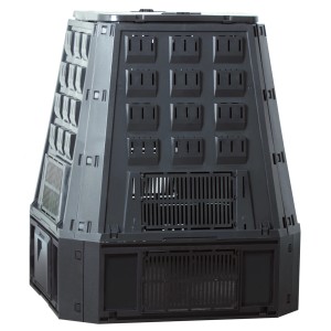 Schwarzer Evogreen Komposter mit 630 l Volumen für Garten- und Küchenabfälle.