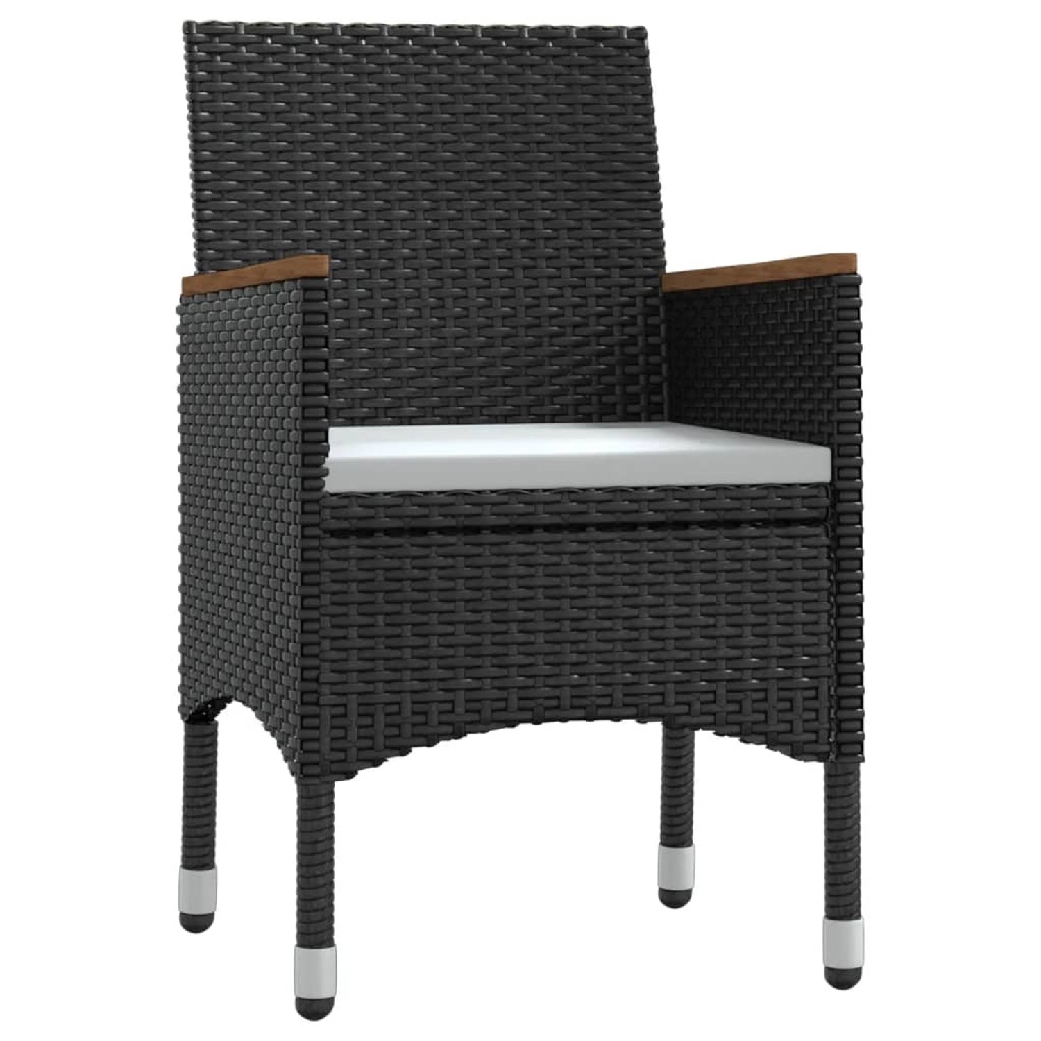 Schwarzer vidaXL Gartenstuhl aus Rattan mit Armlehnen und Sitzkissen, Teil einer 7-tlg. Essgruppe.