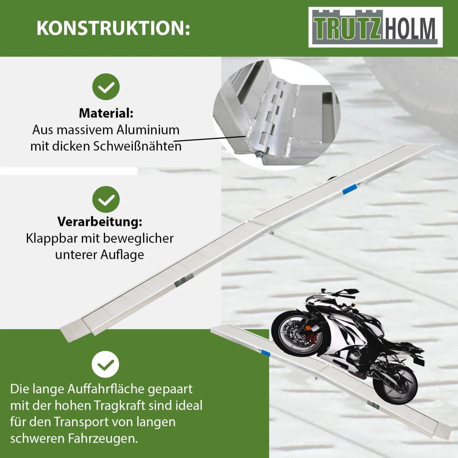 TRUTZHOLM Aluminium Auffahrrampe, klappbar, 307 cm, 450 kg Traglast. Ein Motorrad fährt auf die robuste Rampe.