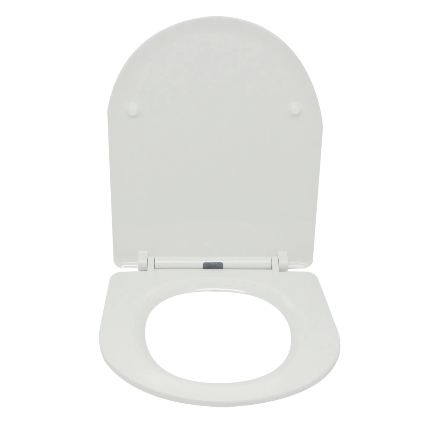 Weißer MSV WC-Sitz aus Duroplast mit Slow-Close-Mechanismus und Edelstahl-Scharnieren, geöffnet.