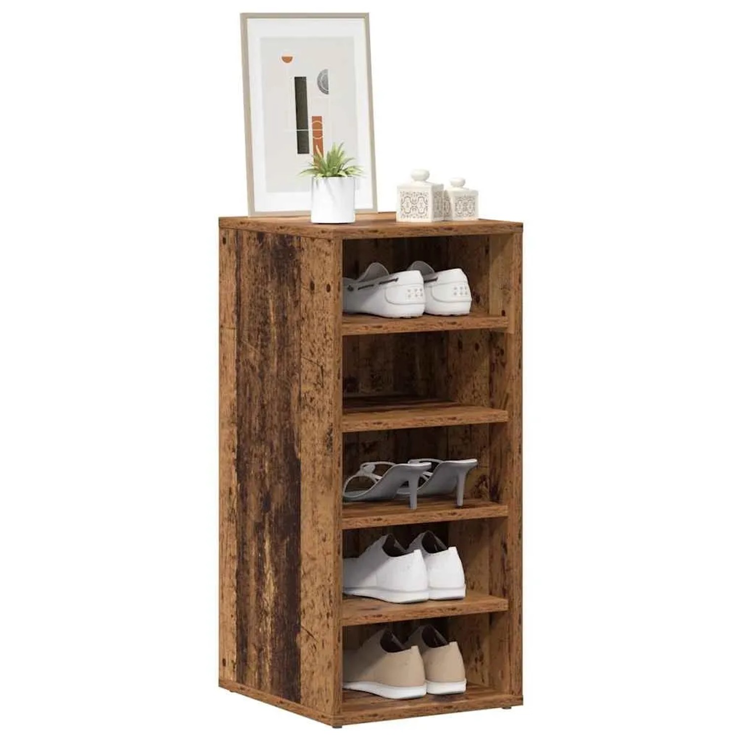 vidaXL Schuhschrank in Altholz-Optik mit 5 offenen Fächern. Schuhkommode aus Holzwerkstoff, 32x35x70 cm.