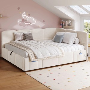 Beiges okwish Polsterbett 140x190 mit Bettkasten und USB-Anschlüssen.