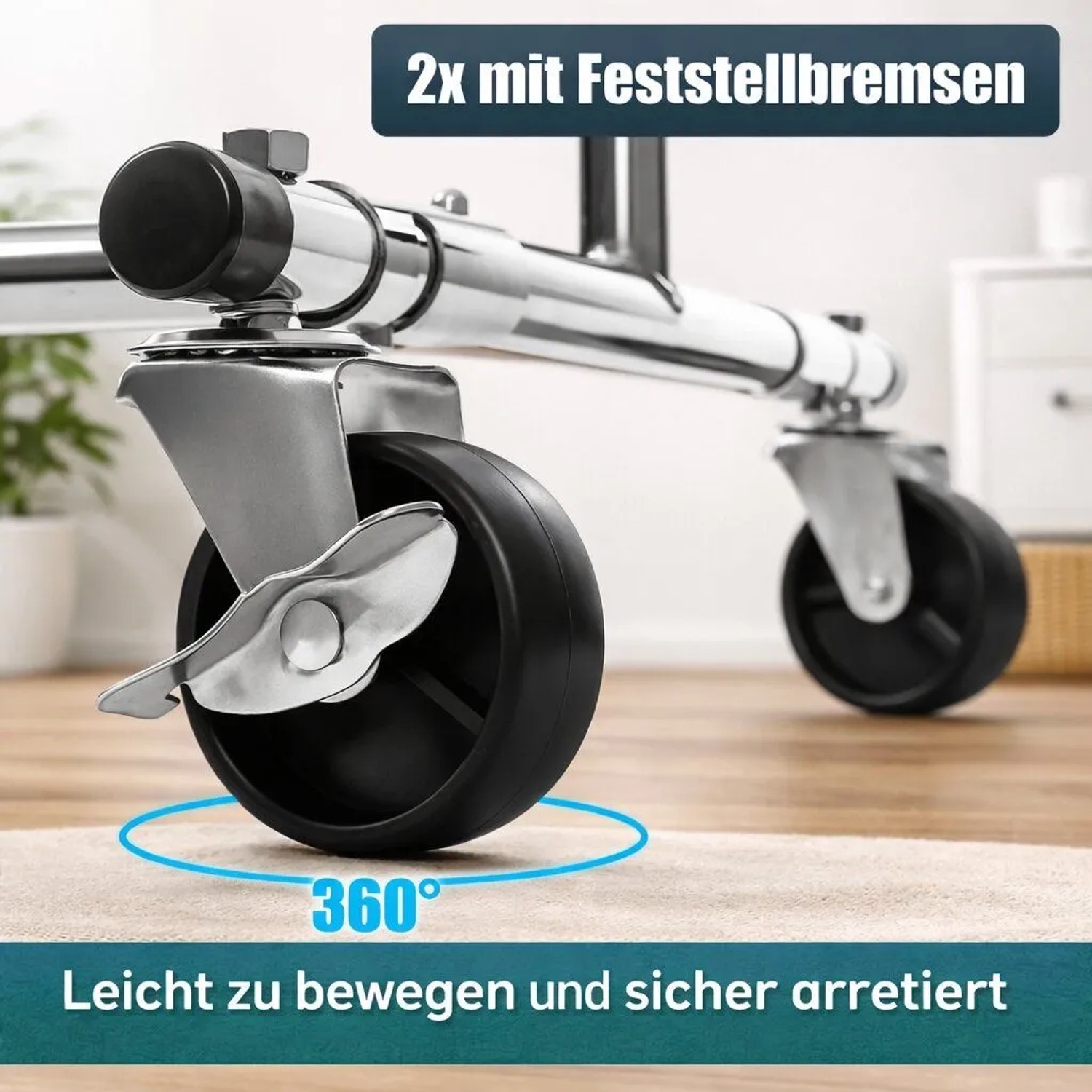Detailaufnahme der Rollen mit Feststellbremsen des BigDean Kleiderständers.