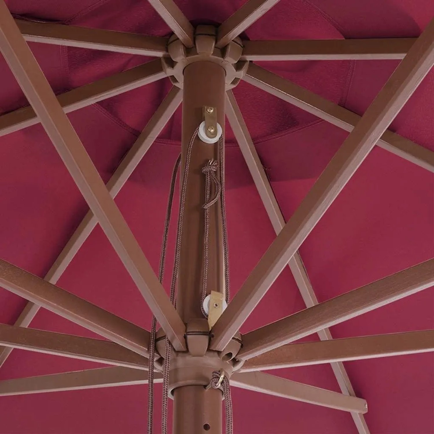 Detailaufnahme: vidaXL Sonnenschirm, 350 cm, Burgunderrot, Holzmast mit Seilzug.