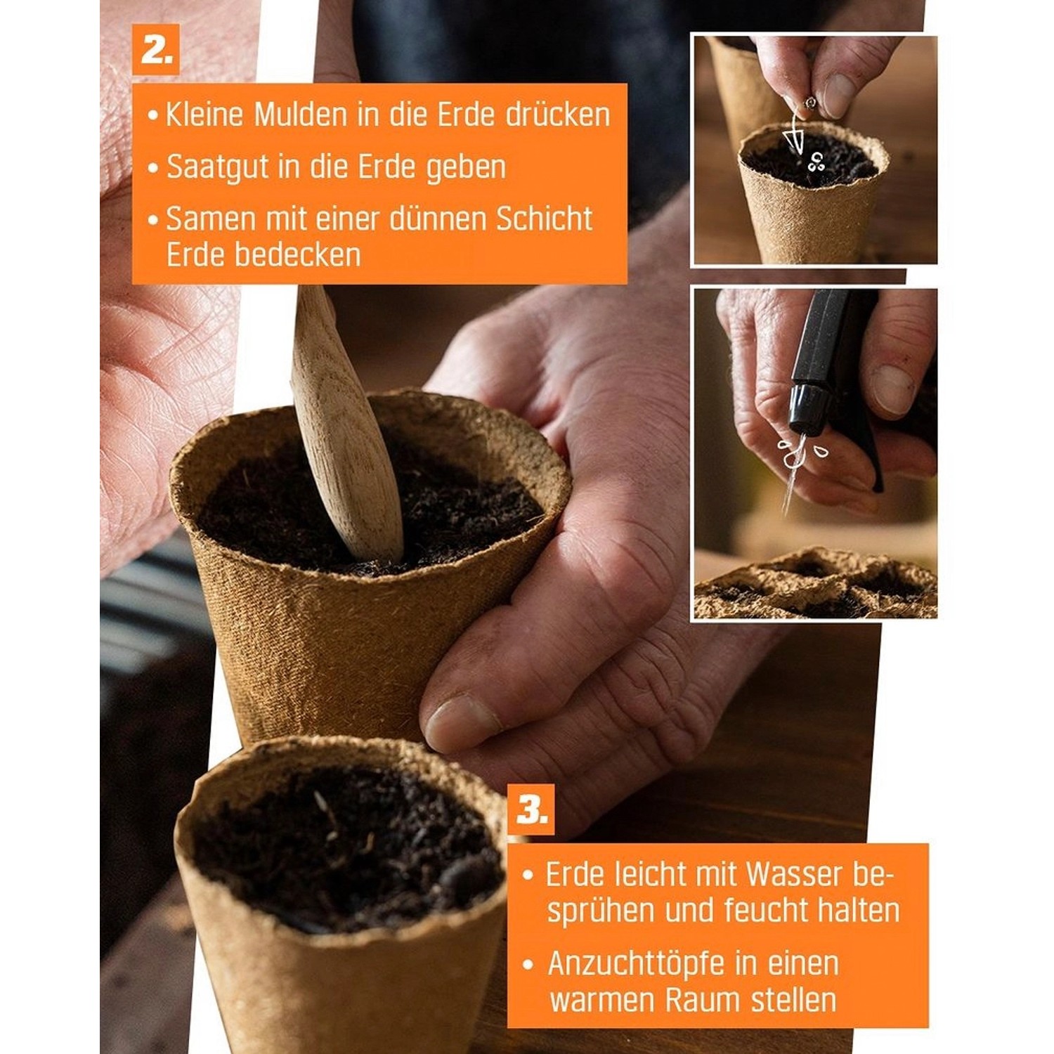 Anzucht-Pflanztöpfe aus Kokosfaser im Einsatz: Erde einfüllen, bewässern. Ideal für die Pflanzenanzucht.