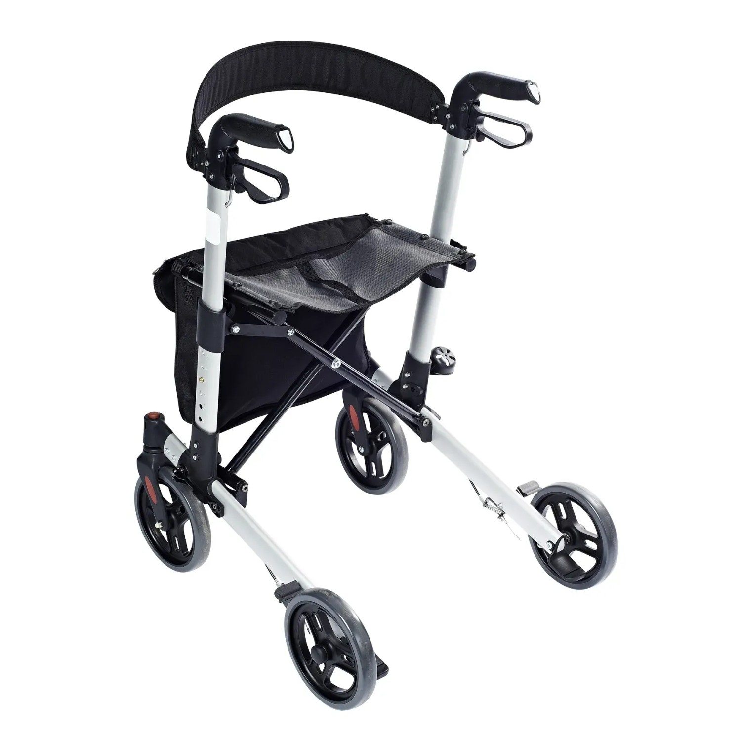 Ridder Rollator Premium, silberfarben mit schwarzer Sitzfläche und Rückengurt.