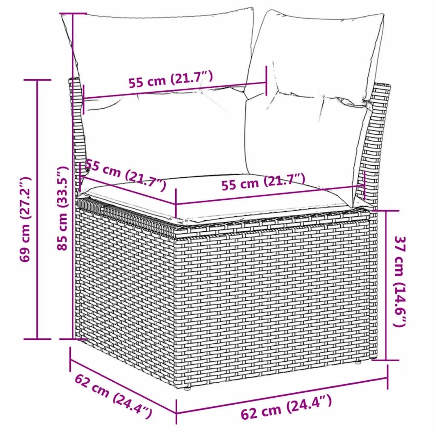 Abmessungen des braunen vidaXL Gartensofas aus Polyrattan mit Kissen, Teil einer 4-tlg. Garnitur.