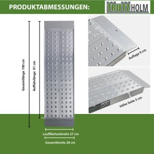TRUTZHOLM Auffahrrampen, 100x28cm, 540kg Traglast, Alu, mit Maßangaben.