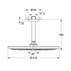 Technische Zeichnung: Grohe Rainshower Cosmopolitan 310 Kopfbrause mit Deckenauslass, Maße und Winkelangaben.
