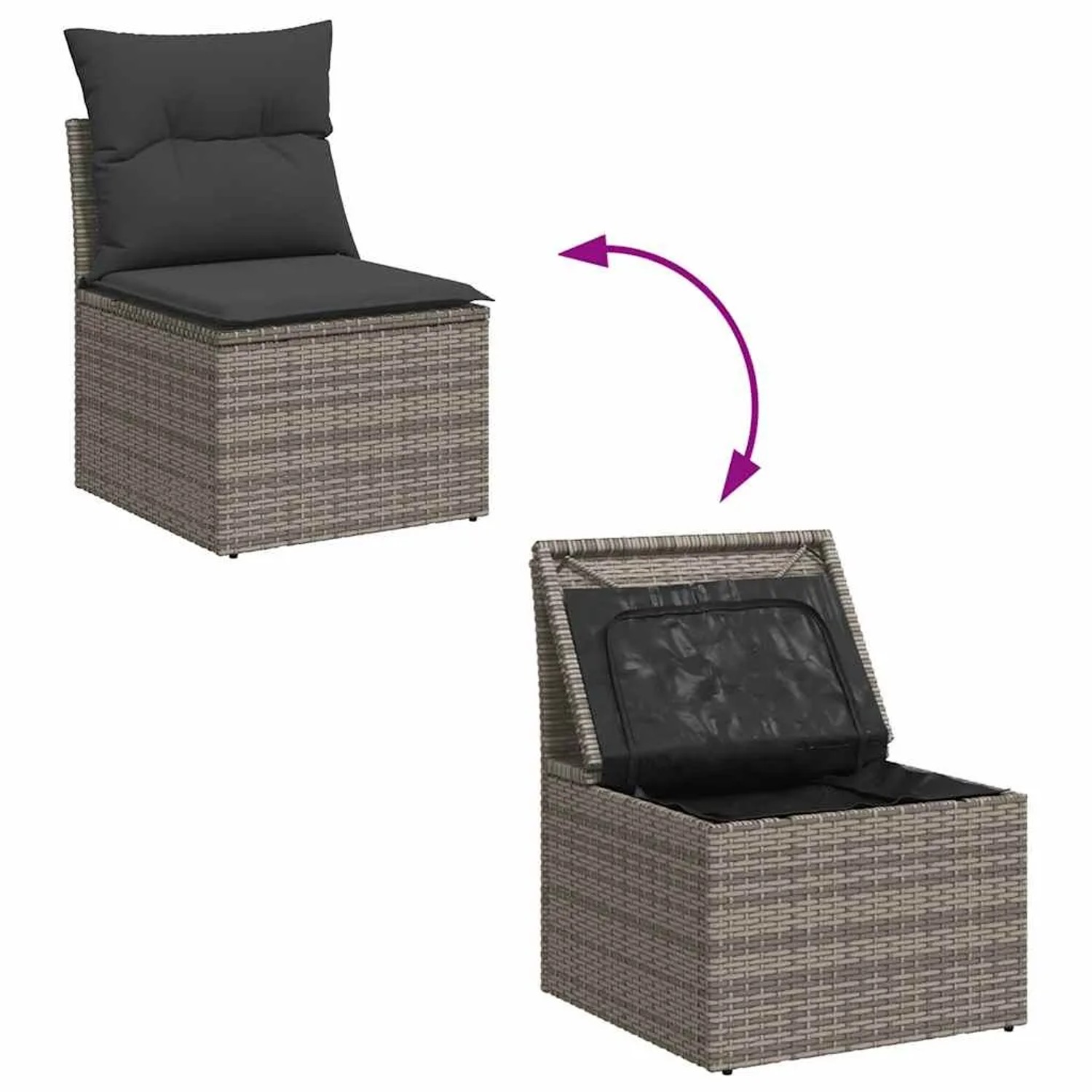 vidaXL Garten-Sofagarnitur, graues Poly Rattan, mit Staufach und Kissen. Gartenmöbel Detailansicht.