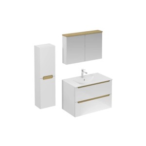 Weißer Spiegelschrank MDF 80x60cm mit zwei SoftClose Spiegeltüren und Holzoptik-Paneel für Bad.