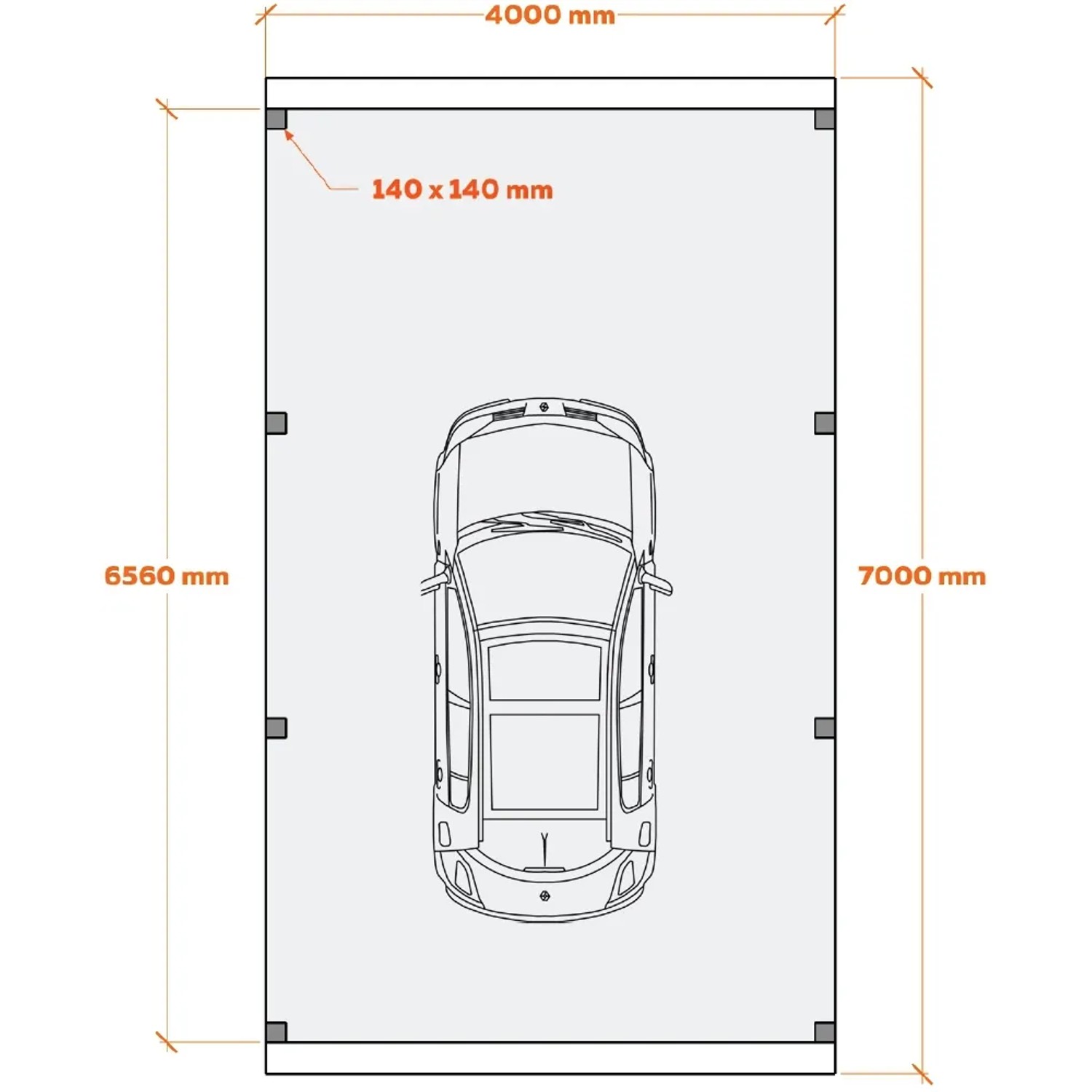 Draufsicht Camping-Carport Ralf: Maße 400x700cm, Pfosten 14x14cm, passend für Wohnmobil.