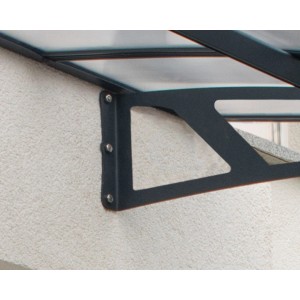 Detailaufnahme: Palram Canopia Amsterdam Vordach in Anthrazit mit klarer Acrylglas-Eindeckung.