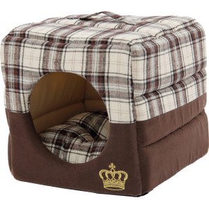 Heimtierhöhle Krone, 35x35x35 cm, braun-weiß kariert mit Tragegriff und goldener Krone.