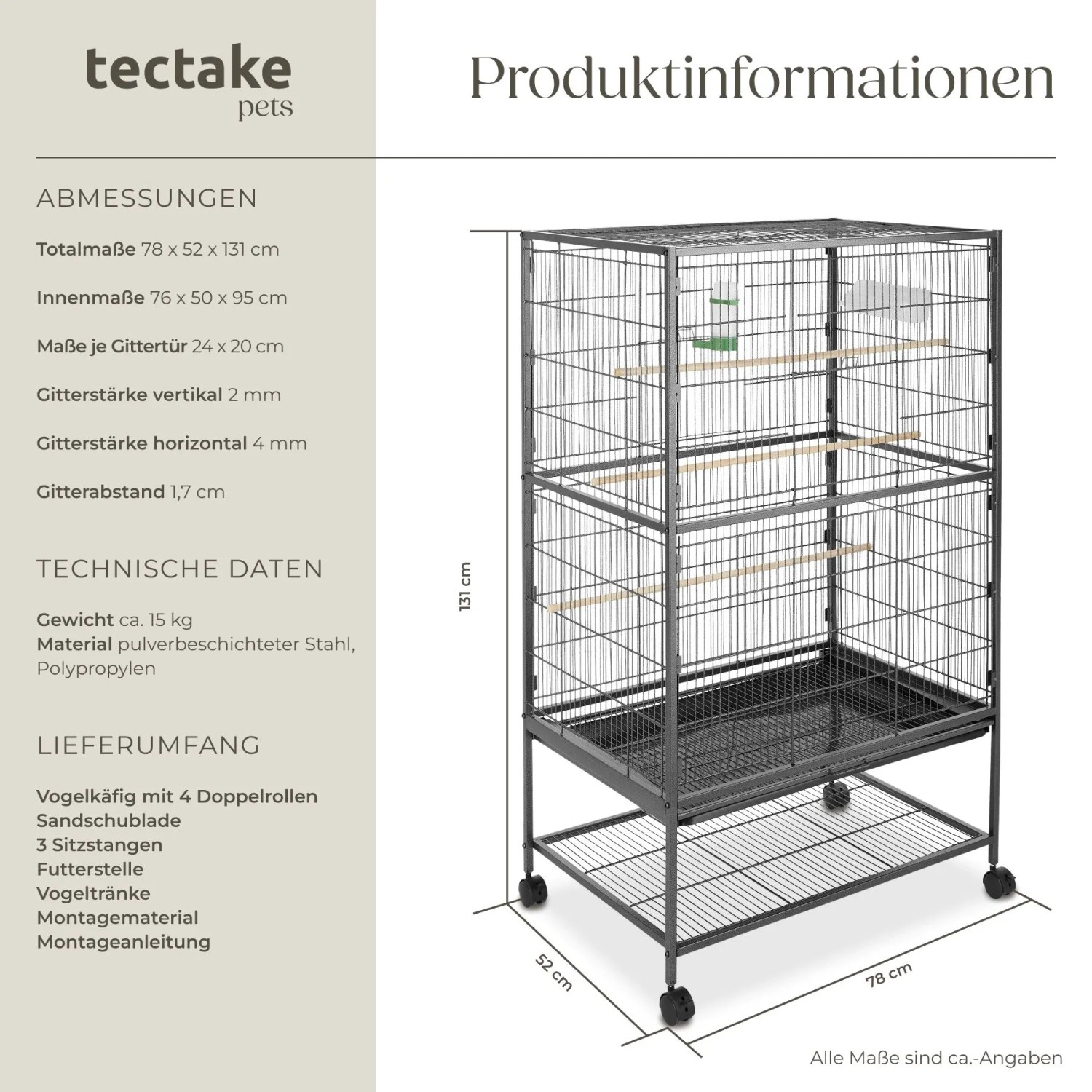 Anthrazitfarbener Tectake Vogelkäfig Papageno mit Rollen, 78x52x131 cm.