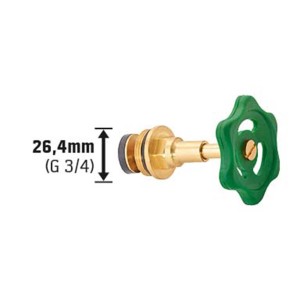 Schrägsitzventil 26,4 mm (G 3/4) aus Messing mit grünem Handrad zur Durchflussregulierung.