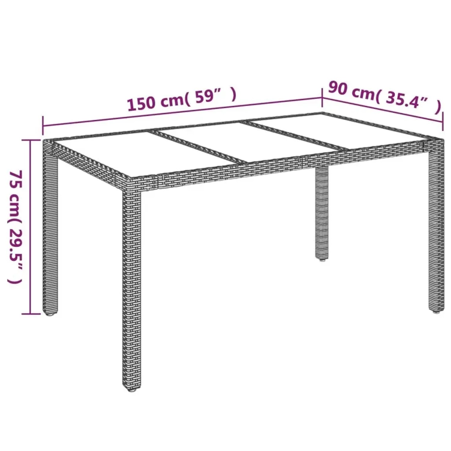 vidaXL Gartentisch, grau, 150x90x75cm, aus Polyrattan und Stahl, Teil der 7-tlg. Garten-Essgruppe.