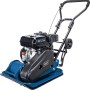 Scheppach Rüttelplatte HP1400S, blaue Baumaschine mit Motor und Transporträdern.