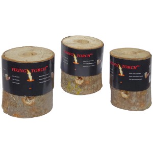 Drei Schwedenfeuer aus Holz, Ø 12 cm, Höhe 18 cm, für stimmungsvolle Gartenbeleuchtung.