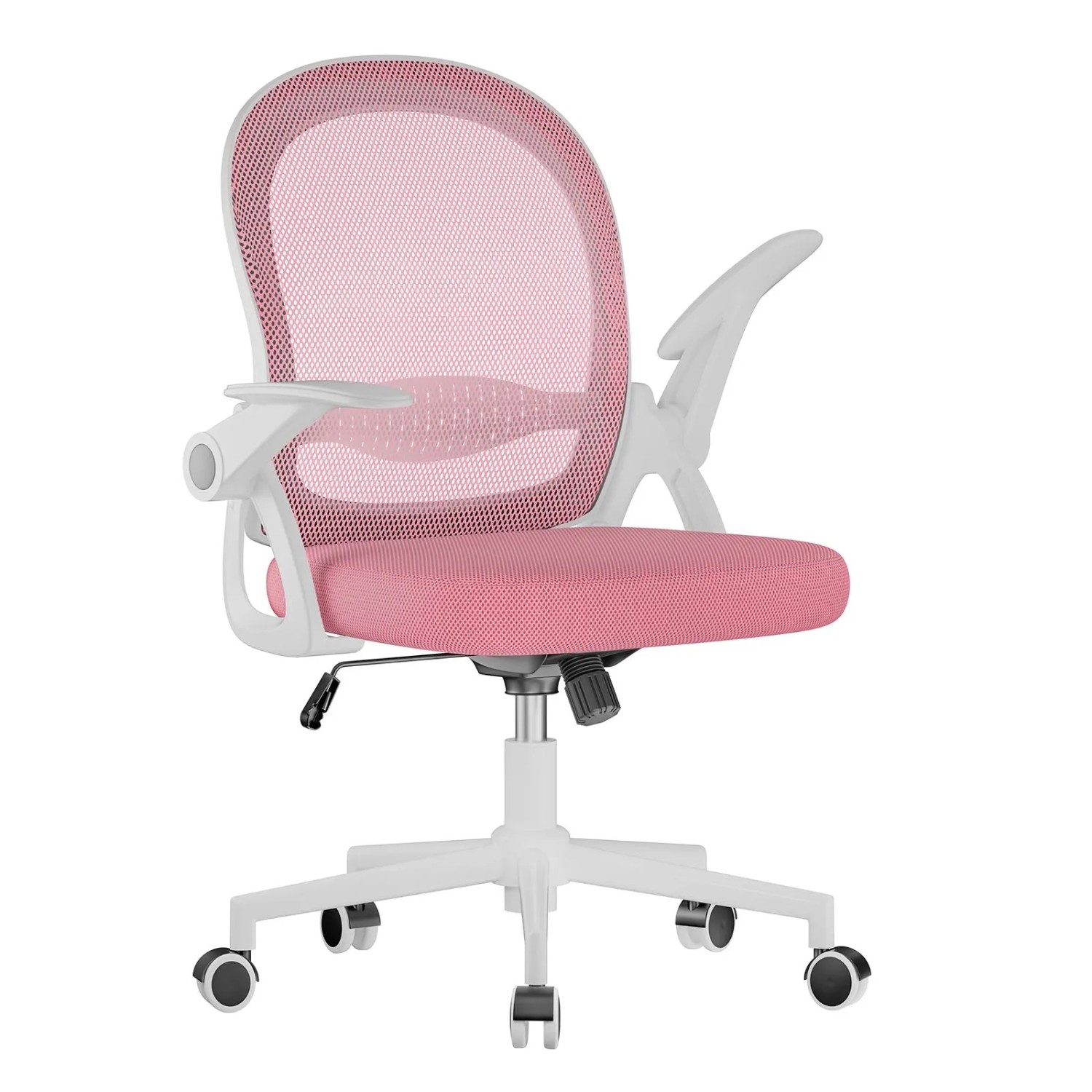 Rattantree Ergonomischer Drehstuhl mit Netzrücken Klapparmlehnen Höhenverstellbar Rosa