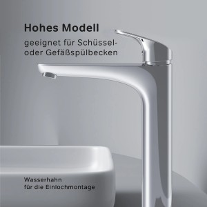 Hohe, verchromte AM.PM Waschtischarmatur Like für Aufsatzwaschbecken im Bad.